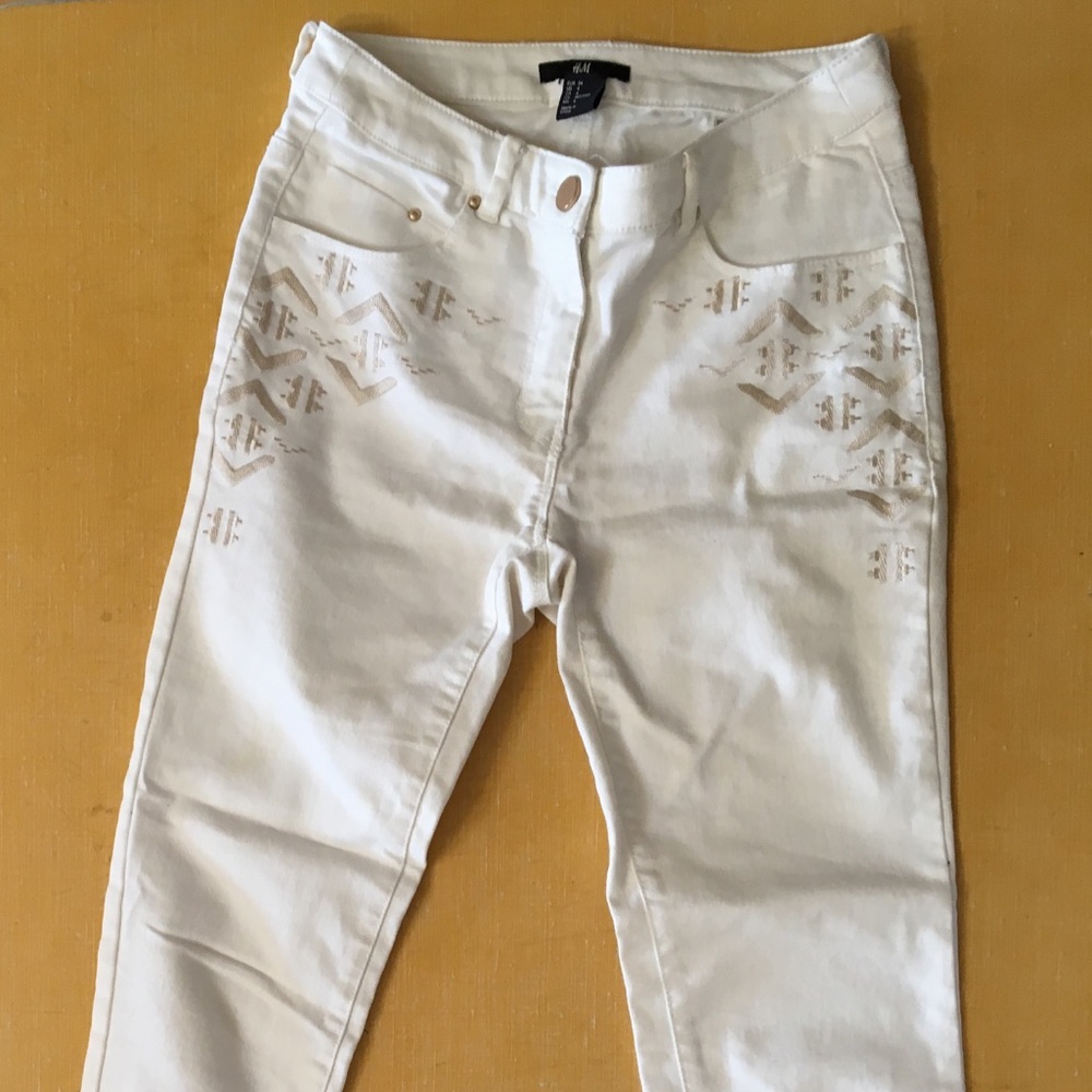 H&M Tribal Embroidered White Pants
